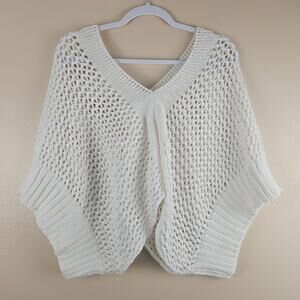 Open Knit White Cotton Poncho Sweater Short Sleeve Beachy Coastal OS